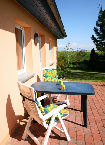 Blick von der Terrasse auf die angrenzende Wiese